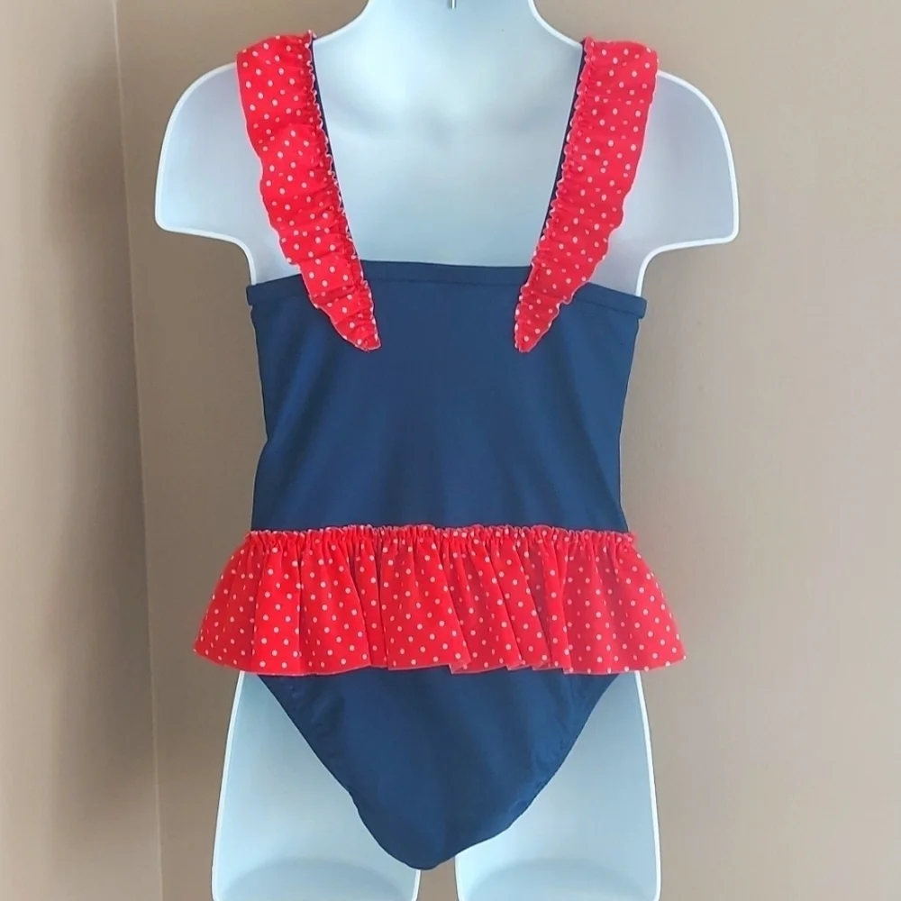 Cat & Jack 1pc swimsuit ruffle tutu polka dot - red blue whale - size 3T